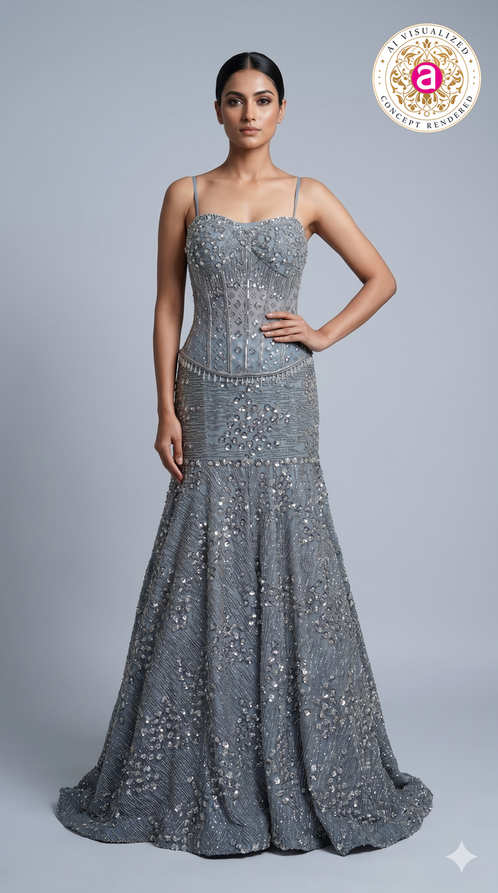 Steel Grey Crystal Embellished Mermaid Evening Gown