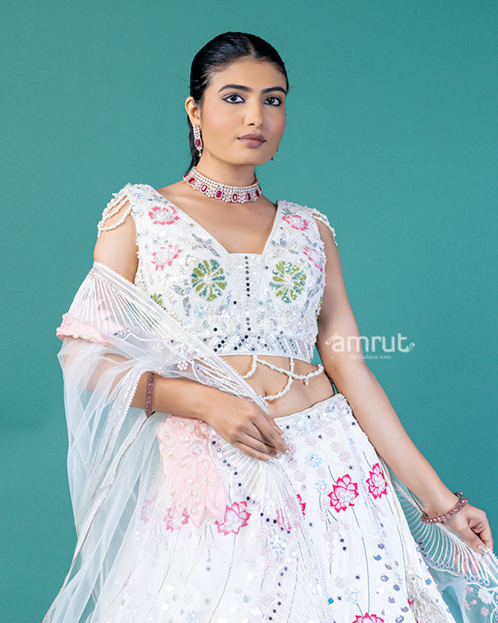 White Embroidered Lehenga with Lotus Design, Sweetheart Neckline Choli, and Sheer Dupatta