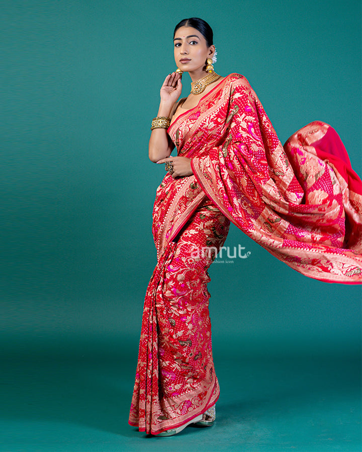 Red-Pink Dual Tone Saree with Zari Floral & Paisley Motifs and Unstitched Blouse