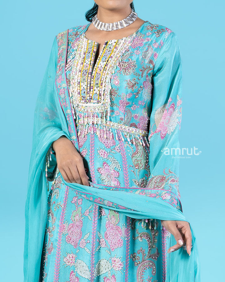 Turquoise Embellished Kameez with Palazzo Pants and Dupatta