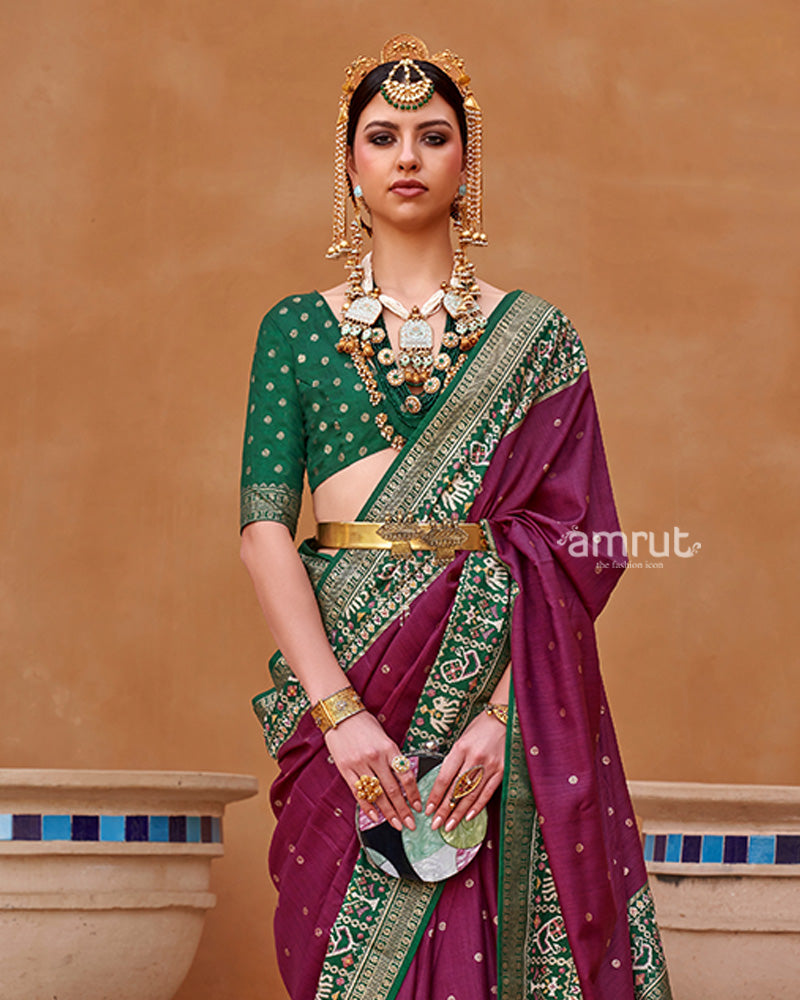 Mulberry Zari Weaving Green Border Saree in Patola Silk with Unstitched Blouse