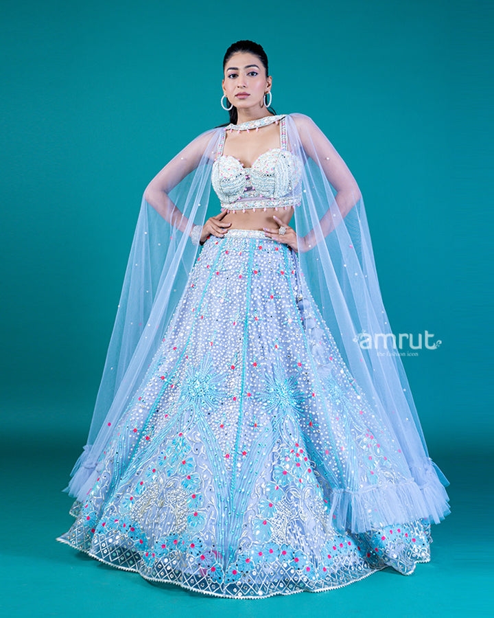 Embellished Light Blue Lehenga Choli with Ruffled Hem and Beaded Sweetheart Neckline