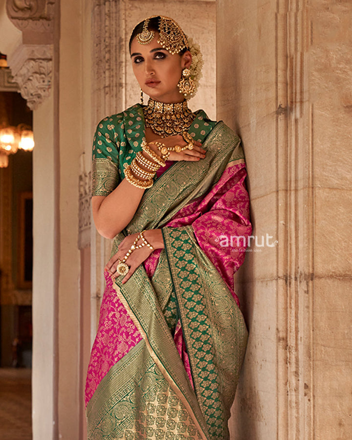 Pink and Green Gold-Toned Ethnic Motifs Design Zari Silk Saree with Unstitched Blouse