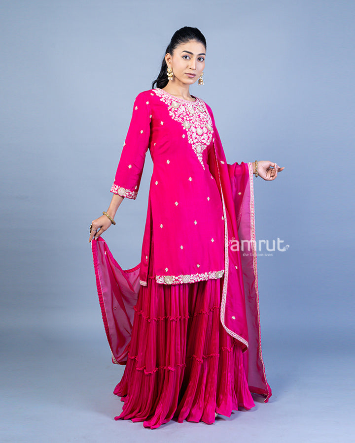 Magenta Pink Embroidered Embellished Kurti with Pleated Sharara Pants and Dupatta