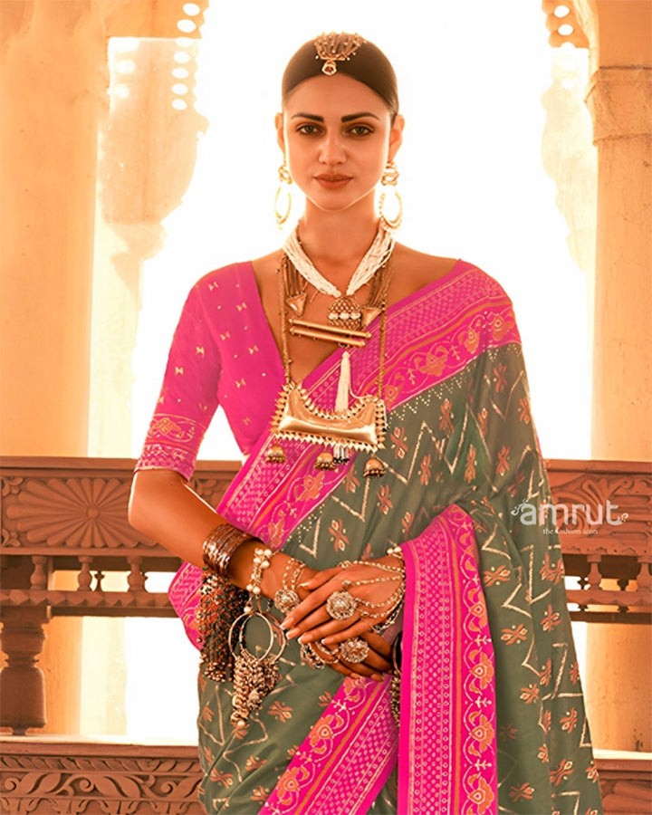 Green Ikat Printed and Pink Contrast Border Patola Silk Saree with Unstitched Blouse