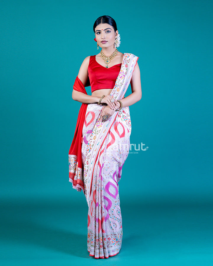 Baby Pink Zari Woven Saree with Multicolor Accents and Unstitched Blouse