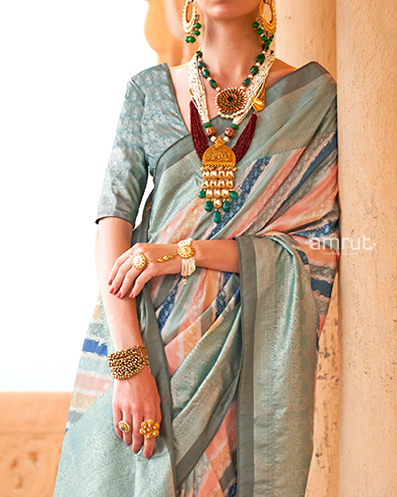 Multicolor Pastel Shades Foil Print Work Silk Saree with Unstitched Blouse