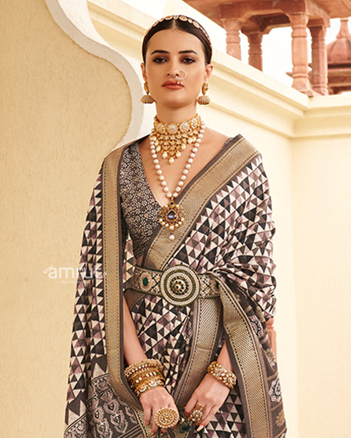 Dark Brown & Cream Geometric Printed Embellished Zari Border Silk Saree with Unstitched Blouse