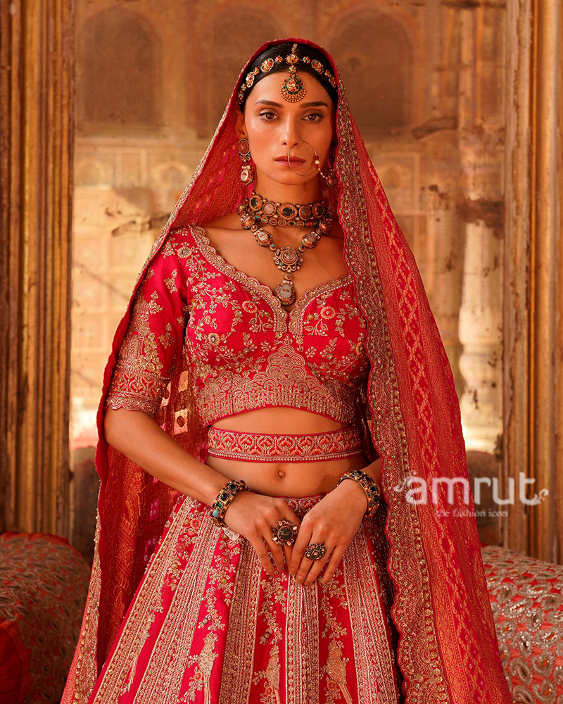 Crimson Red with Gold Embroidery and Sequins Bridal Lehenga Choli