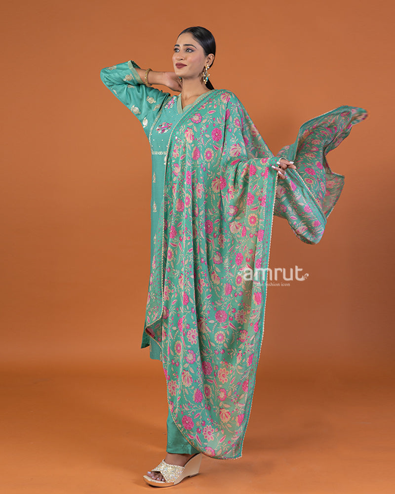 Green Embroidered Salwar Kameez with Printed Dupatta