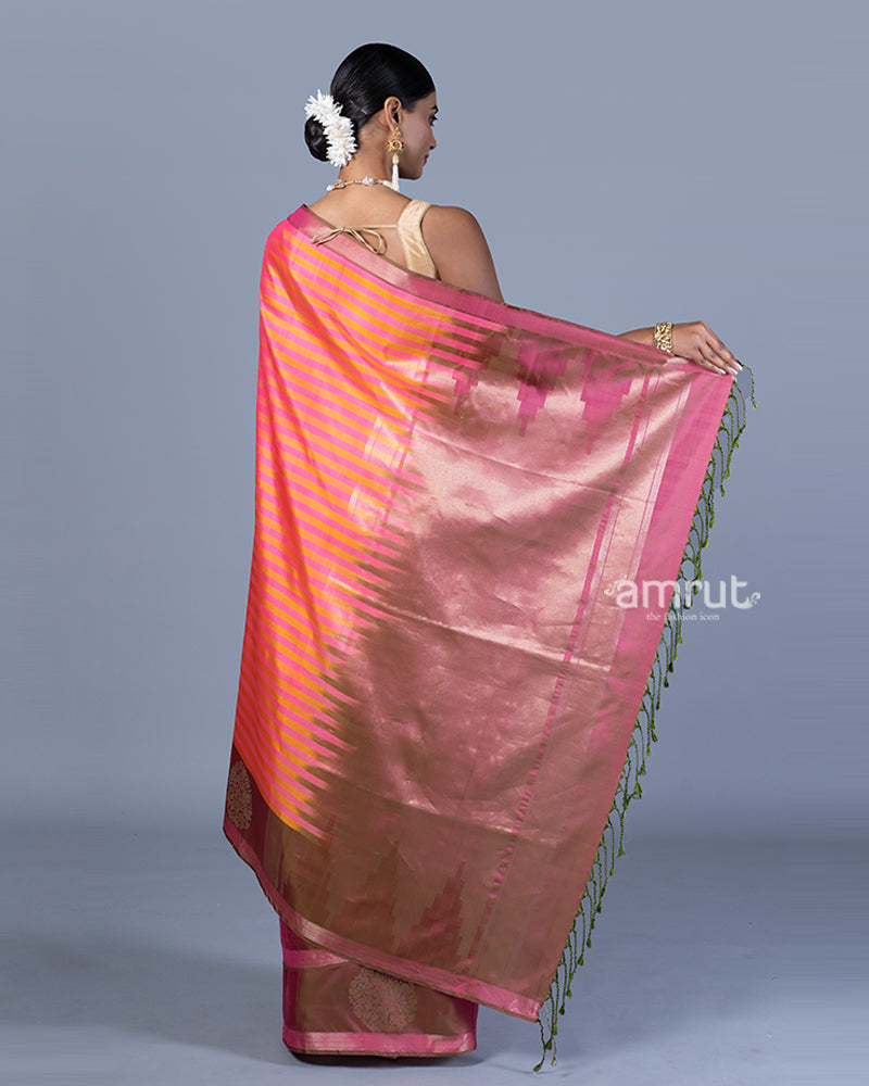 Pink Saree with Muted Yellow Stripes, Coral Tree Shade Border with Unstitched Blouse