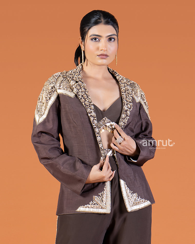 Coffee Crop Top and Pants with Golden Embroidered Embellished Jacket Set