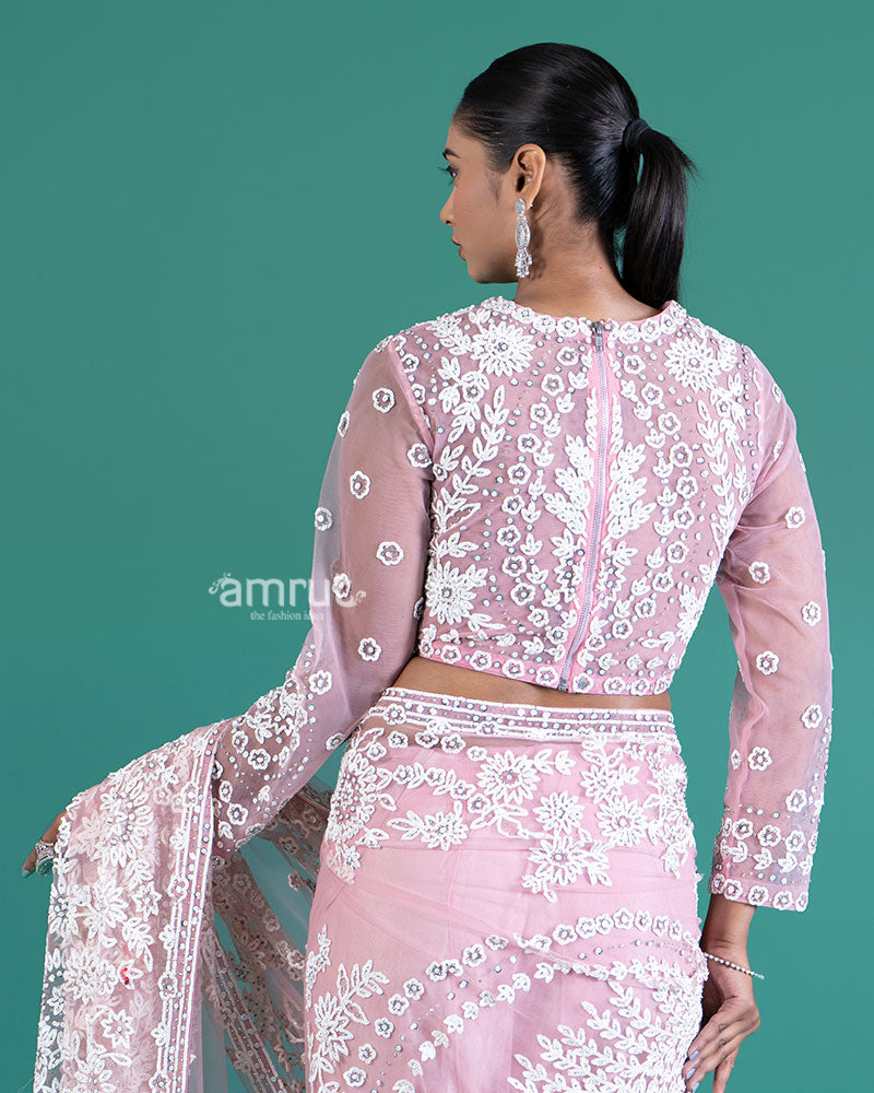 Light Pinkish-Rose Net Saree with White Embroidery and Beaded Long Sleeve Blouse