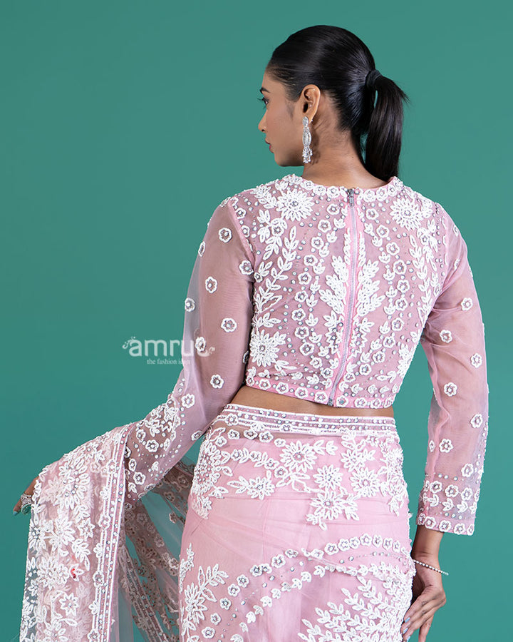 Light Pinkish-Rose Net Saree with White Embroidery and Beaded Long Sleeve Blouse