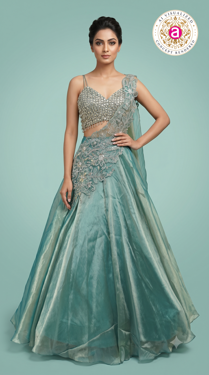 Sea Mist Crystal Embellished Designer Lehenga Set