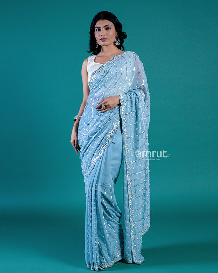 Light Blue Sequin and Bead Striped Embellished Saree with Unstitched Blouse