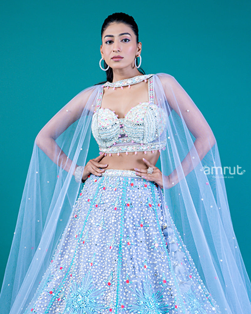 Embellished Light Blue Lehenga Choli with Ruffled Hem and Beaded Sweetheart Neckline