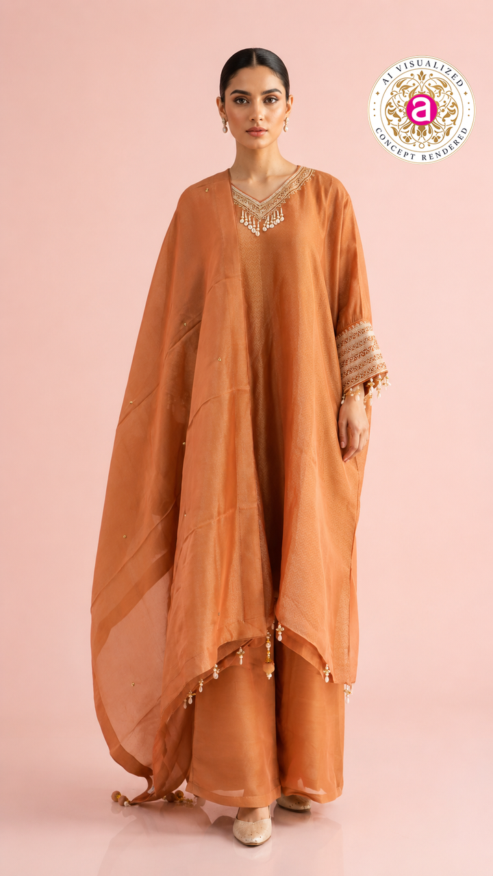 Rust Orange Kaftan Style Kurta Palazzo Set with Dupatta