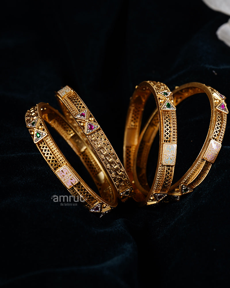 Gold Toned Bangle Set with Ruby, Emerald, and Opalescent Inlays