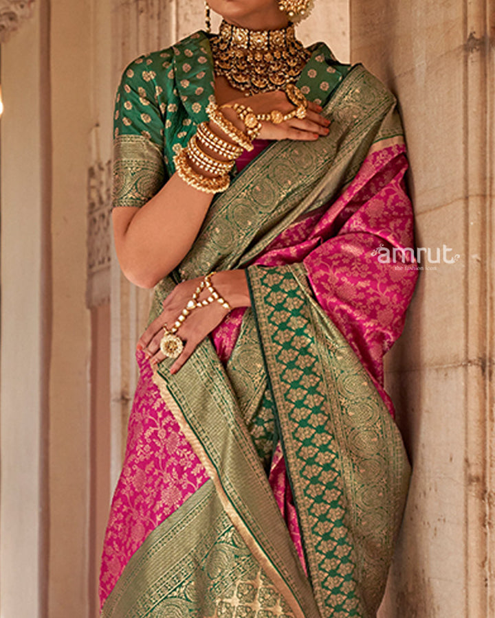 Pink and Green Gold-Toned Ethnic Motifs Design Zari Silk Saree with Unstitched Blouse