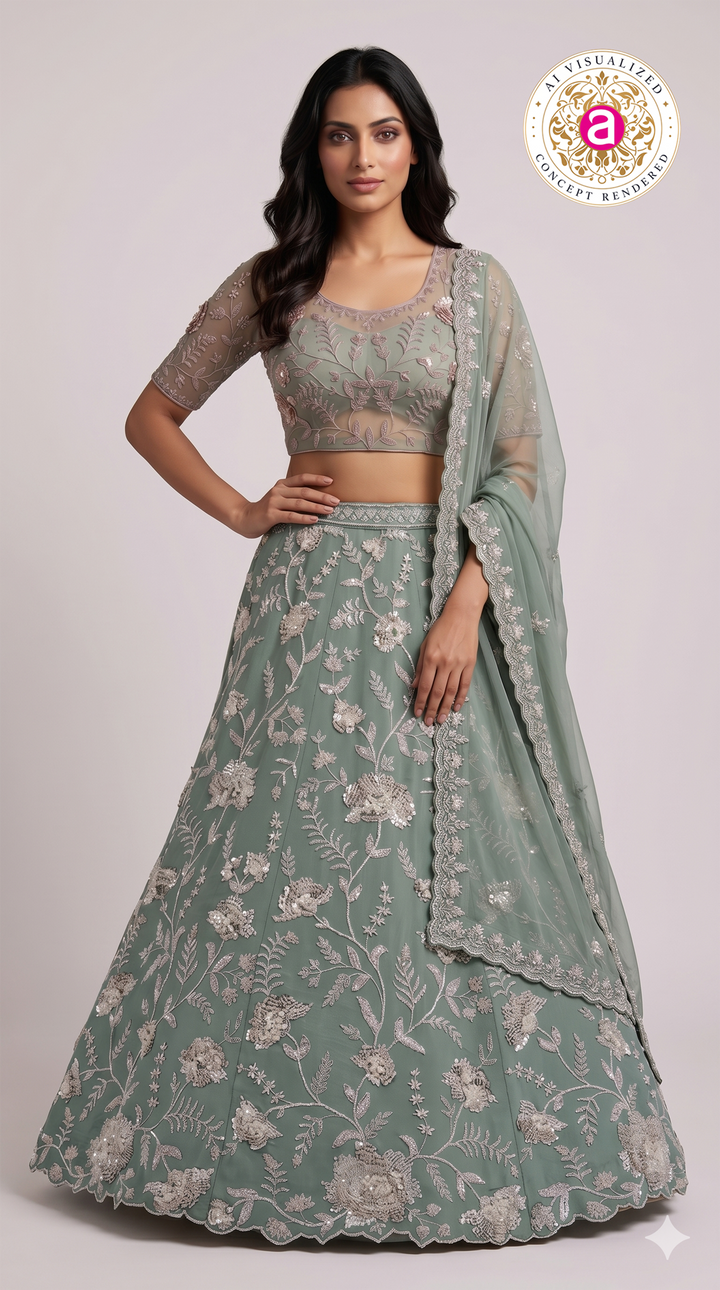Sage Green Floral Embroidered Designer Lehenga Set with Net Dupatta