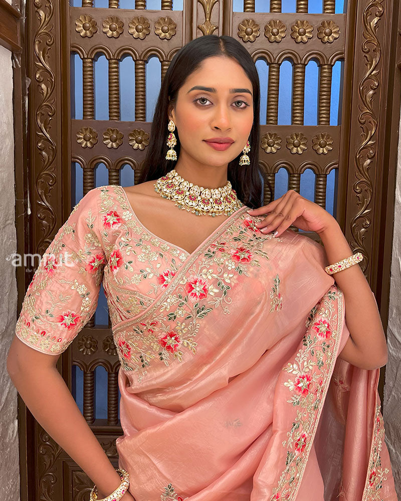 Peach Embroidered Organza Saree with Stitched Blouse