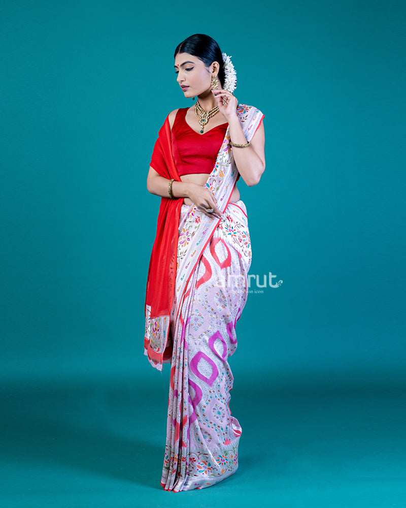 Baby Pink Zari Woven Saree with Multicolor Accents and Unstitched Blouse