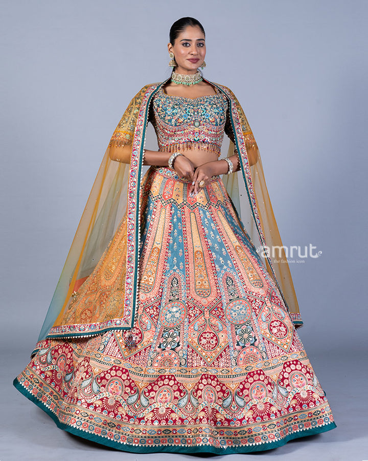 Multi-Colored Embroidered Lehenga and Teal Choli with Ombre Dupatta