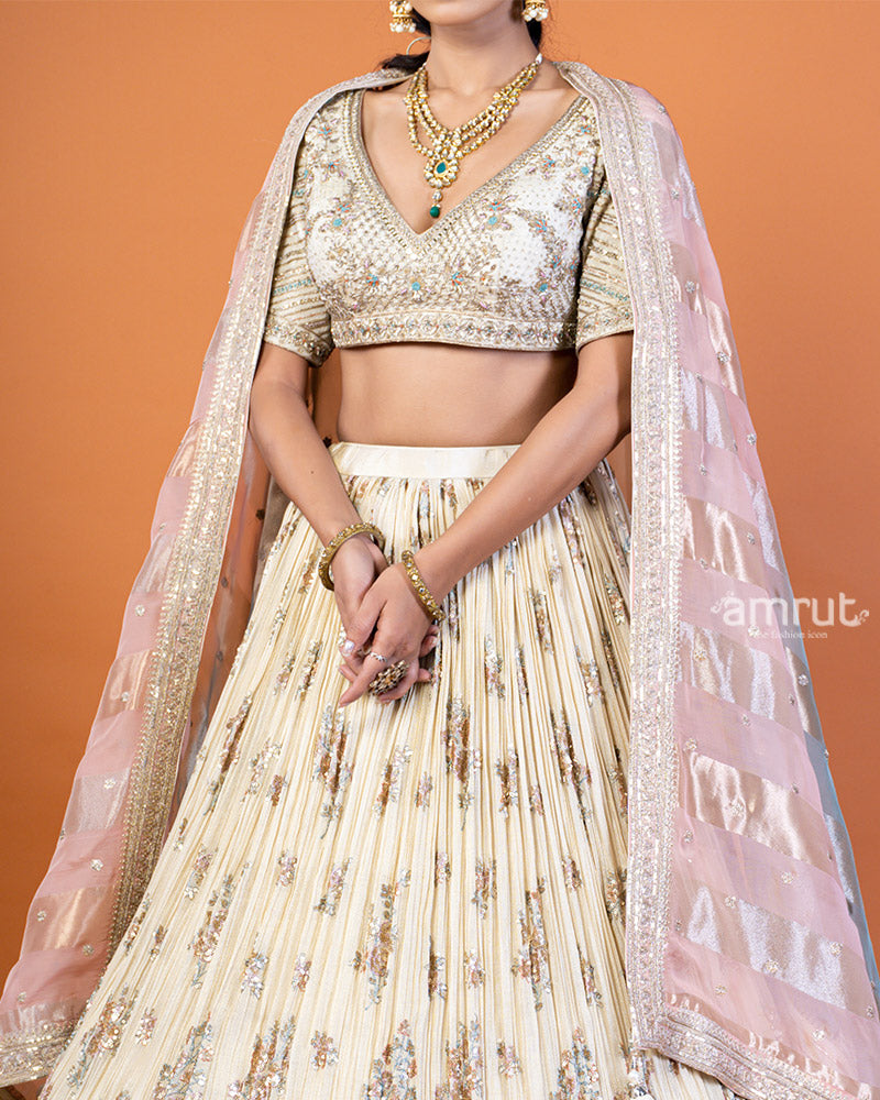 Cream Embellished Lehenga Choli Set with Blush Pink Dupatta