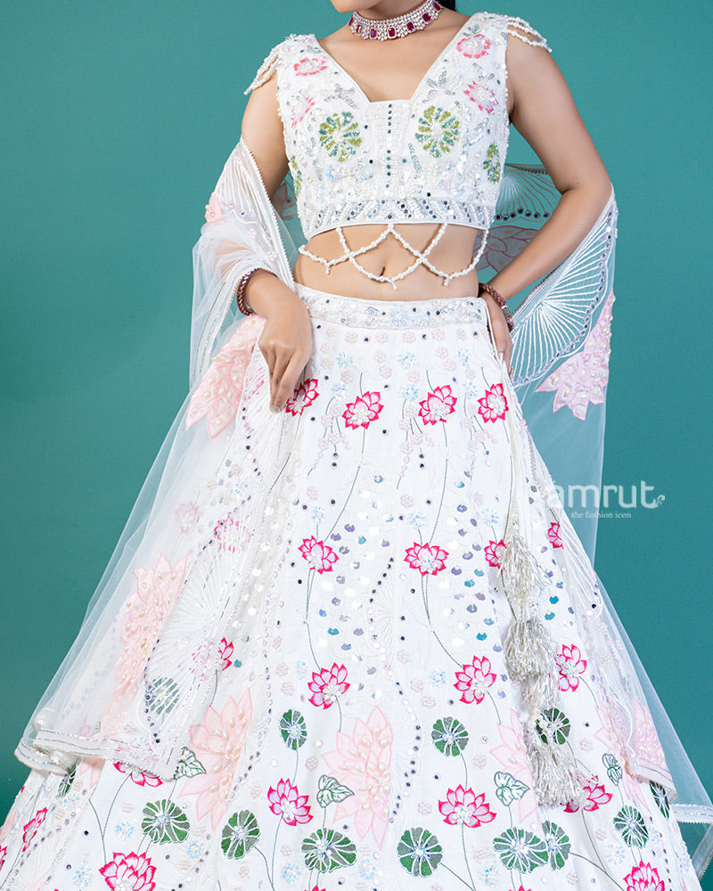 White Embroidered Lehenga with Lotus Design, Sweetheart Neckline Choli, and Sheer Dupatta