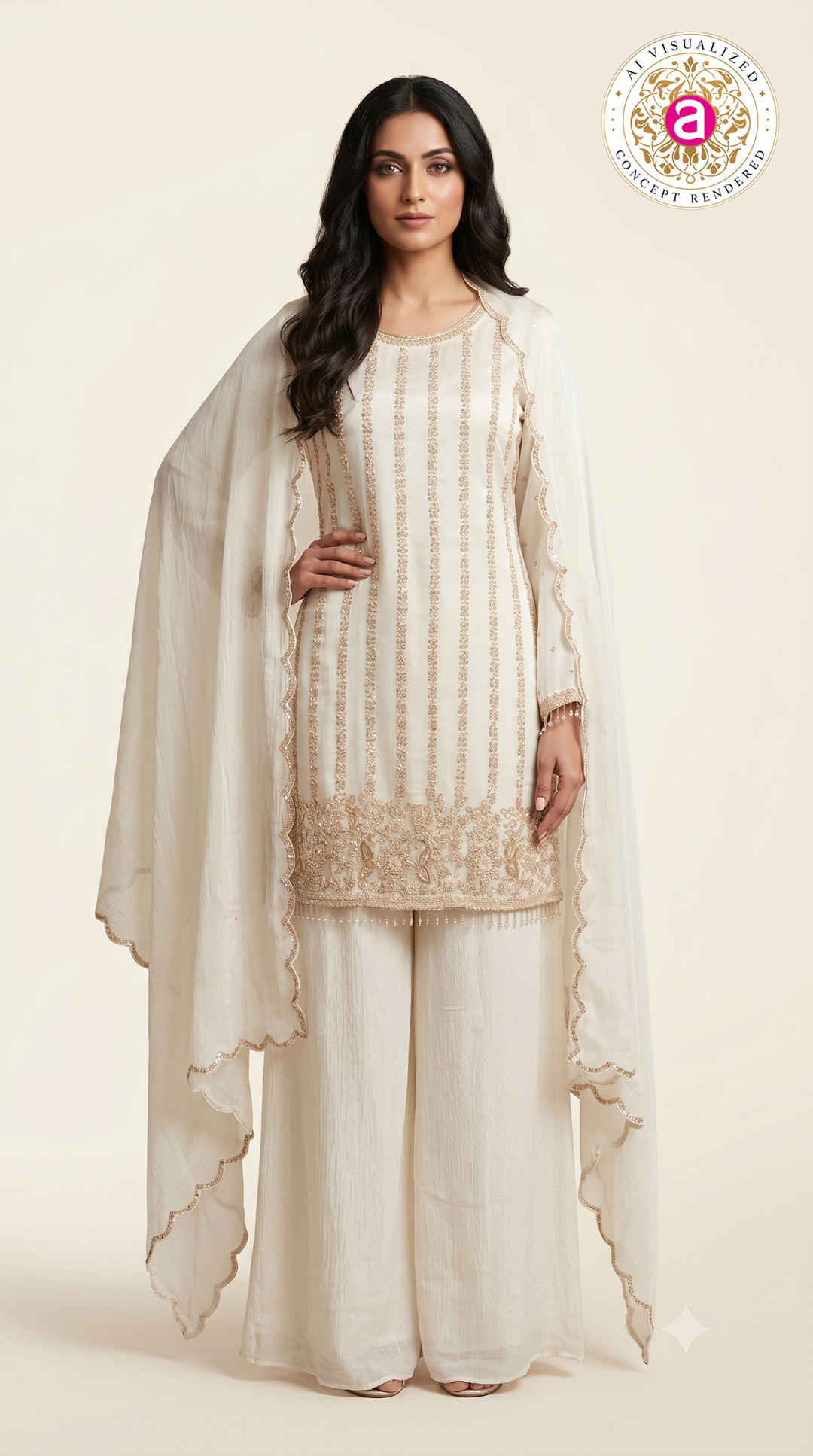 Elegant Ivory Embroidered Kurta Palazzo Set with DupattaElegant Ivory Embroidered Kurta Palazzo Set with Dupatta