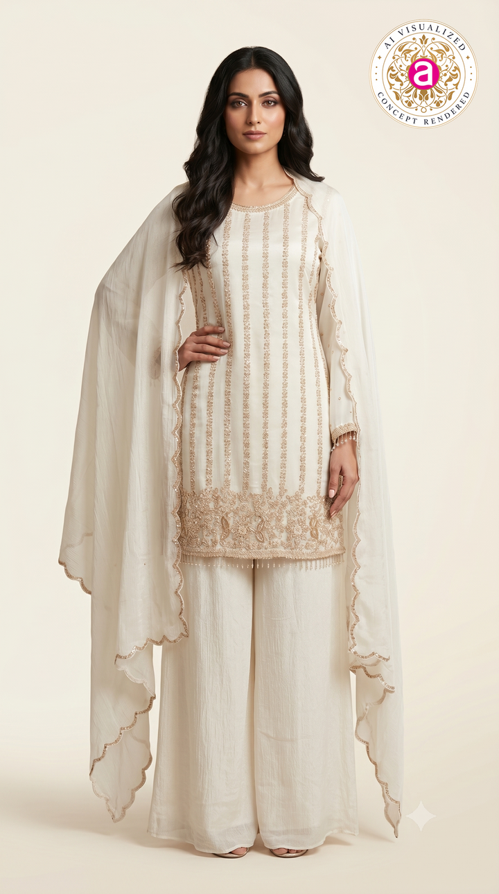 Elegant Ivory Embroidered Kurta Palazzo Set with DupattaElegant Ivory Embroidered Kurta Palazzo Set with Dupatta