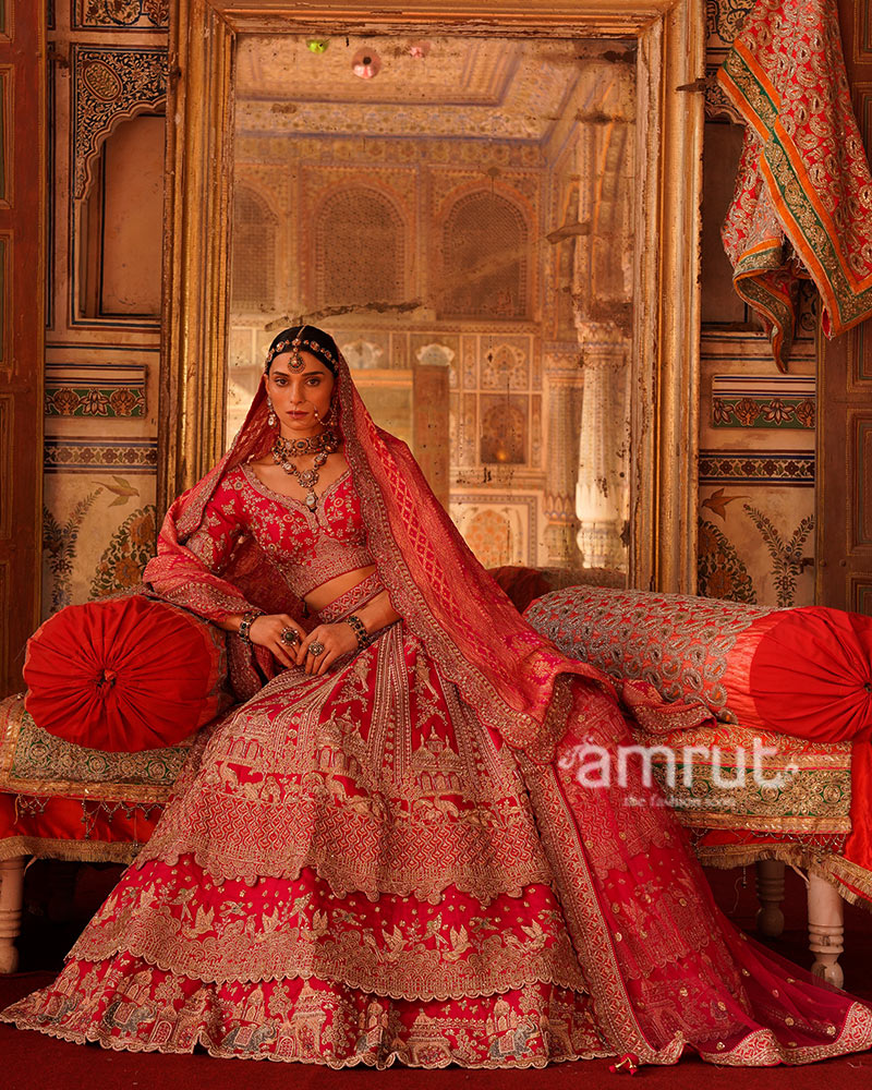 Crimson Red with Gold Embroidery and Sequins Bridal Lehenga Choli