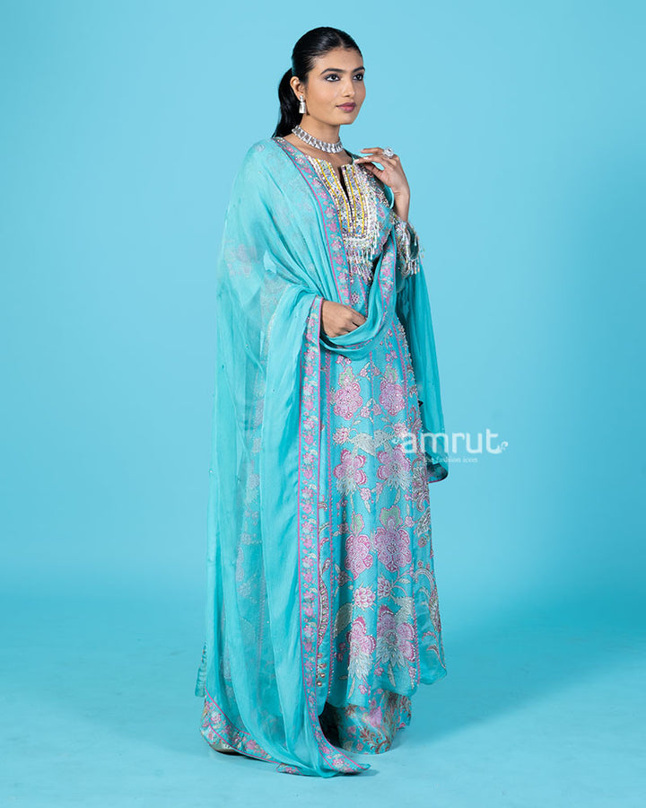 Turquoise Embellished Kameez with Palazzo Pants and Dupatta