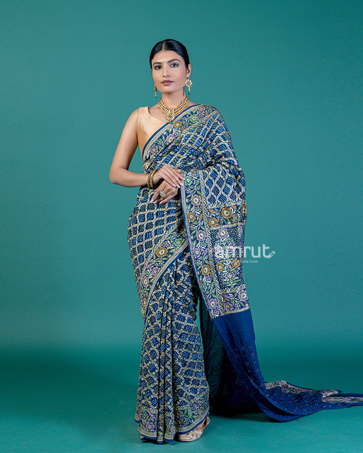 Navy Blue Bandhej Print Saree with Unstitched Blouse