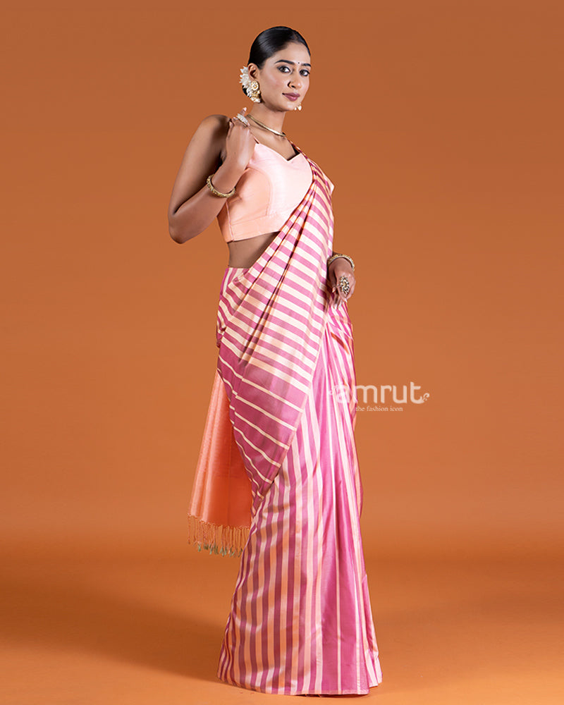 Light Pink and Beige Striped Saree with unstitched blouse