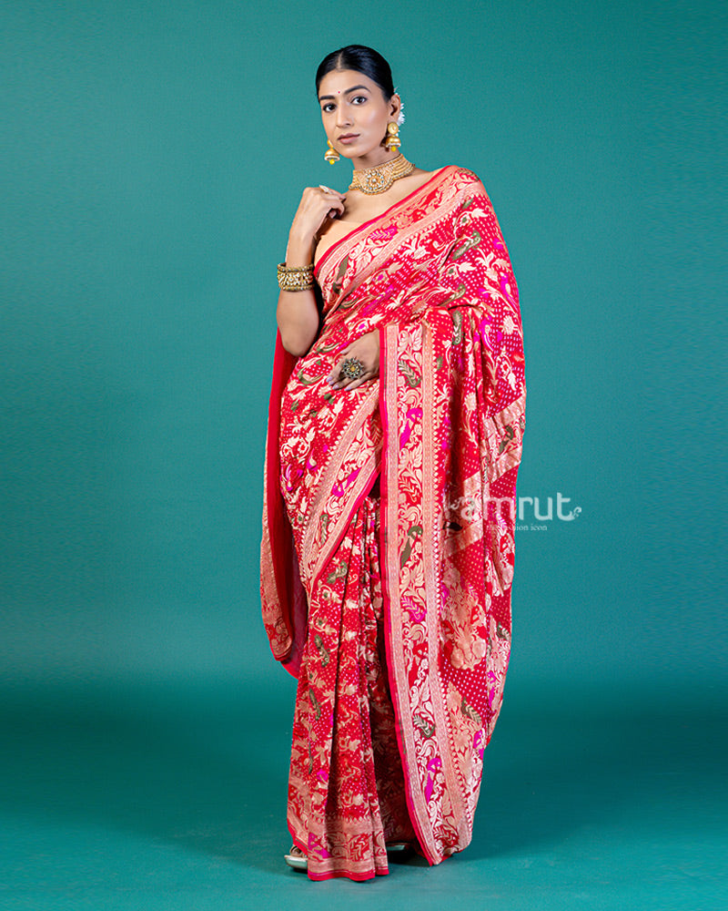 Red-Pink Dual Tone Saree with Zari Floral & Paisley Motifs and Unstitched Blouse