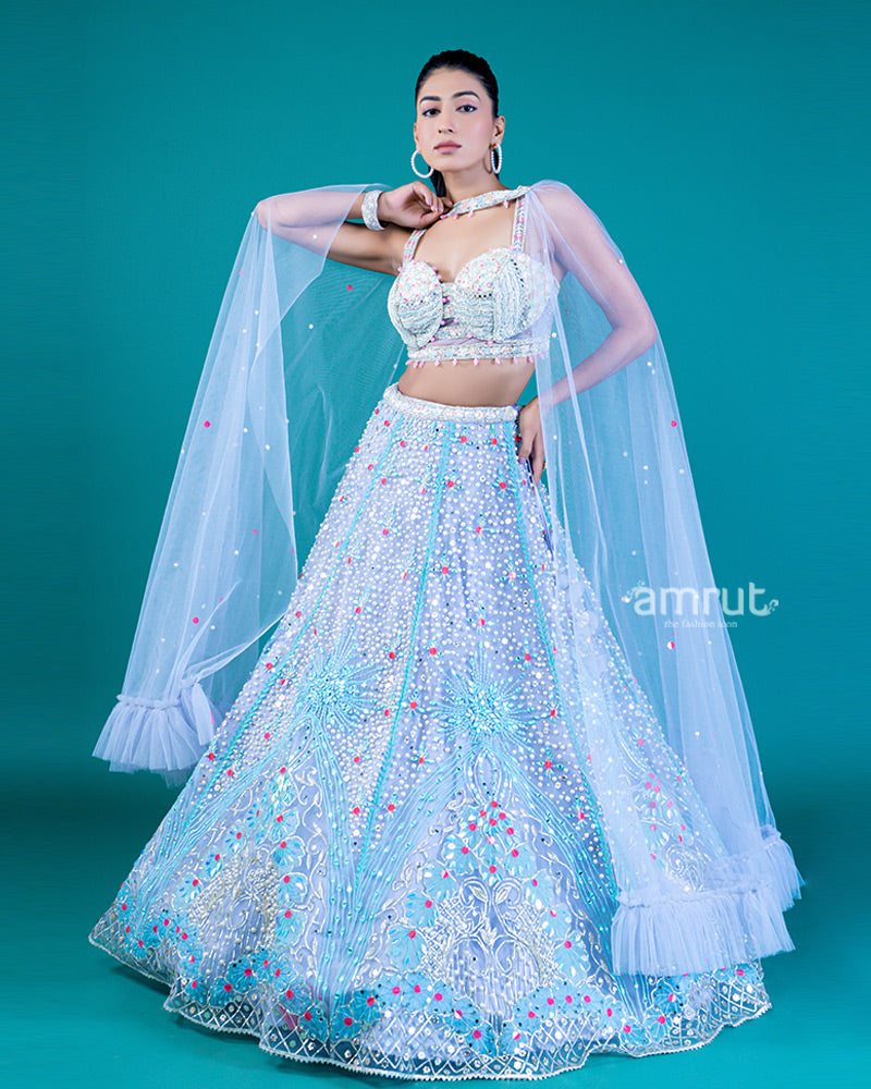 Embellished Light Blue Lehenga Choli with Ruffled Hem and Beaded Sweetheart Neckline