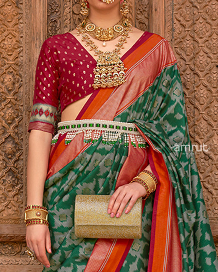 Green Patola Silk Saree with Foil Print & Red-Orange Border with Unstitched Blouse