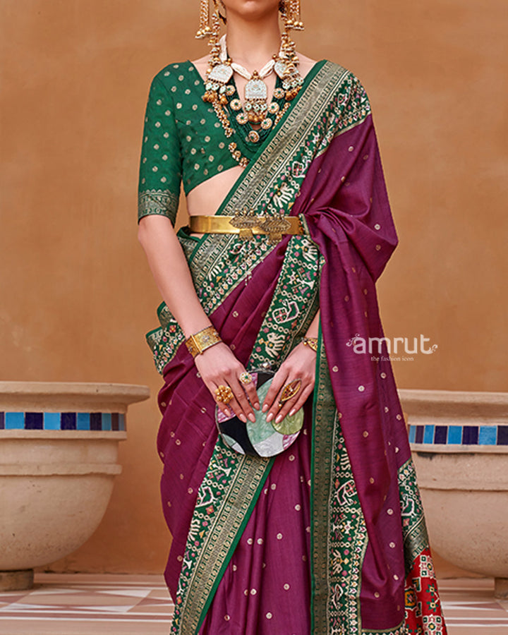 Mulberry Zari Weaving Green Border Saree in Patola Silk with Unstitched Blouse