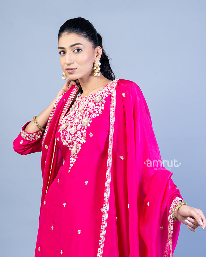 Magenta Pink Embroidered Embellished Kurti with Pleated Sharara Pants and Dupatta