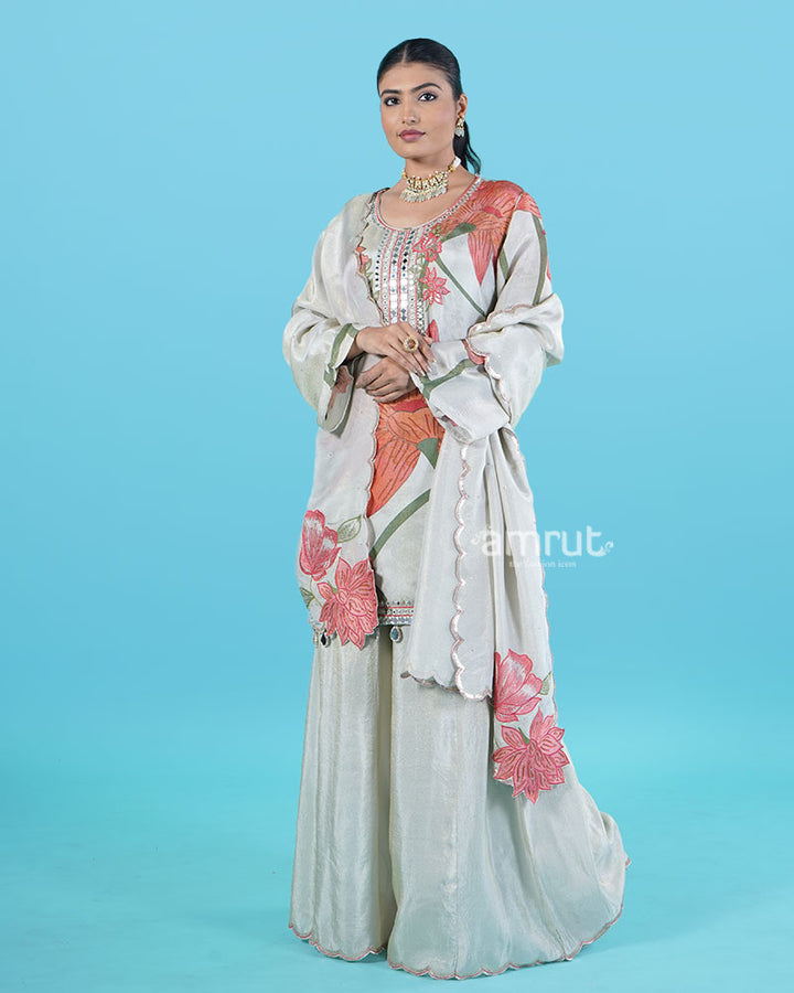 Light Grey Floral Print with Mirror and Bead Embellishments Salwar Kameez