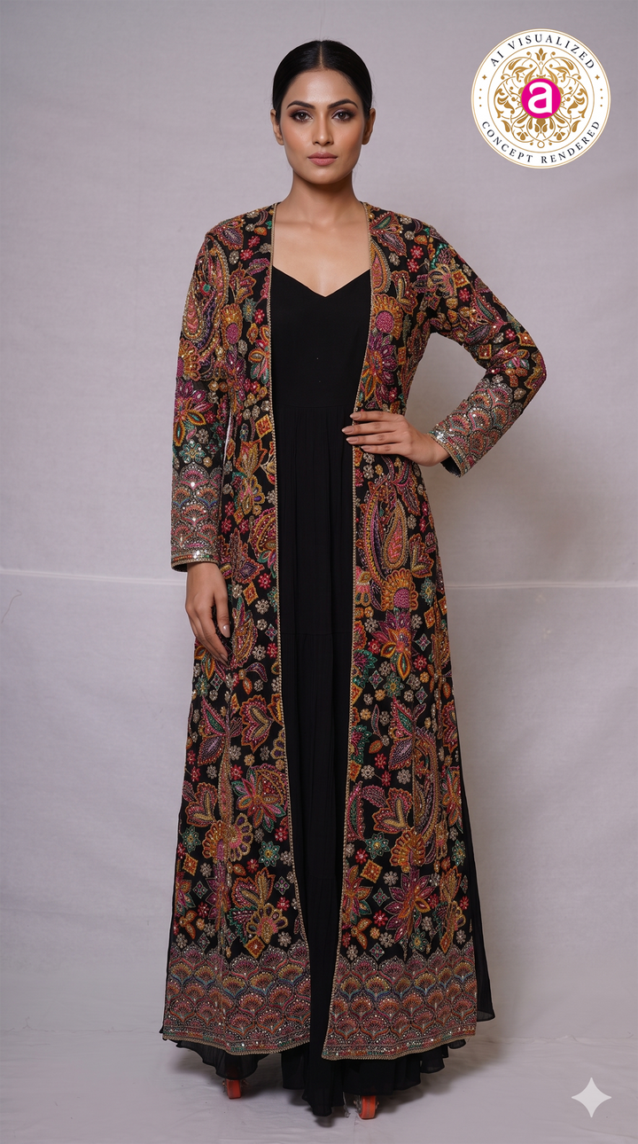 Black Embroidered Jacket Style Gown Set