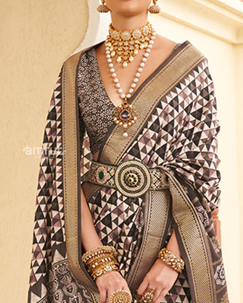 Dark Brown & Cream Geometric Printed Embellished Zari Border Silk Saree with Unstitched Blouse