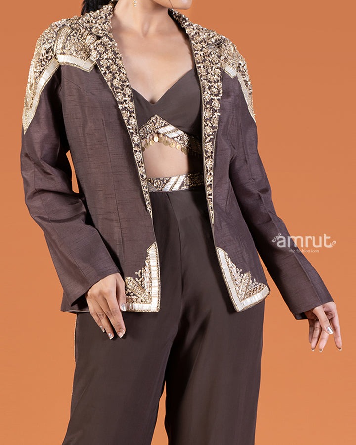 Coffee Crop Top and Pants with Golden Embroidered Embellished Jacket Set