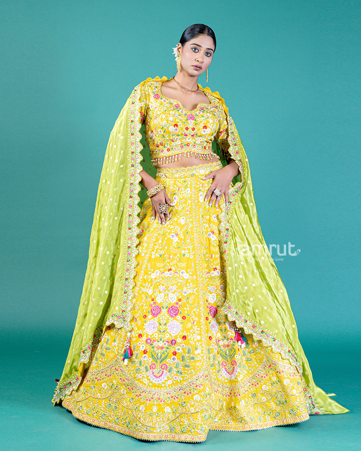 Elegant Yellow Lehenga Choli with Embroidered Choli and Sheer Dupatta