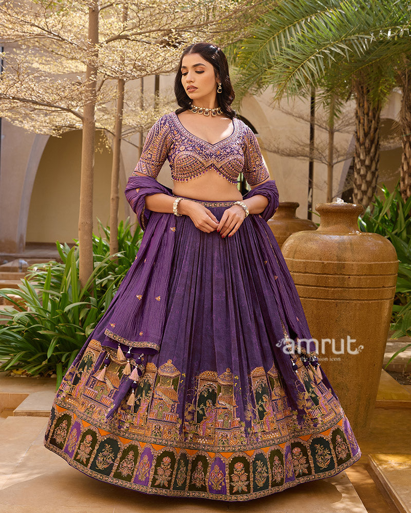 Purple Intricate Golden Embroidered Lehenga Choli with Matching Dupatta