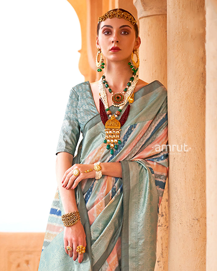 Multicolor Pastel Shades Foil Print Work Silk Saree with Unstitched Blouse