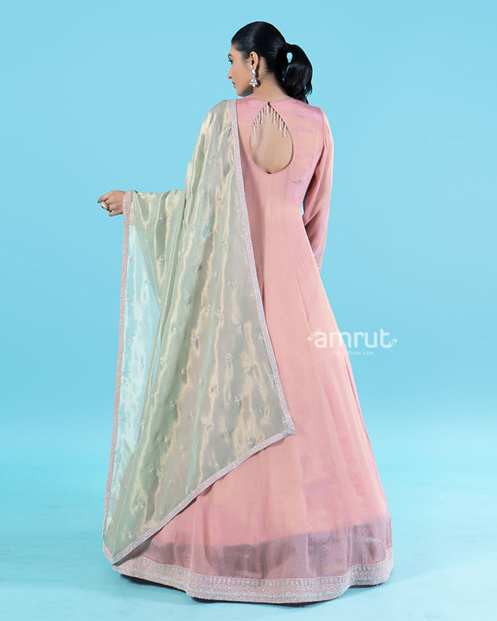 Dusty Rose Beaded Embellished Gown with Sage Green Dupatta