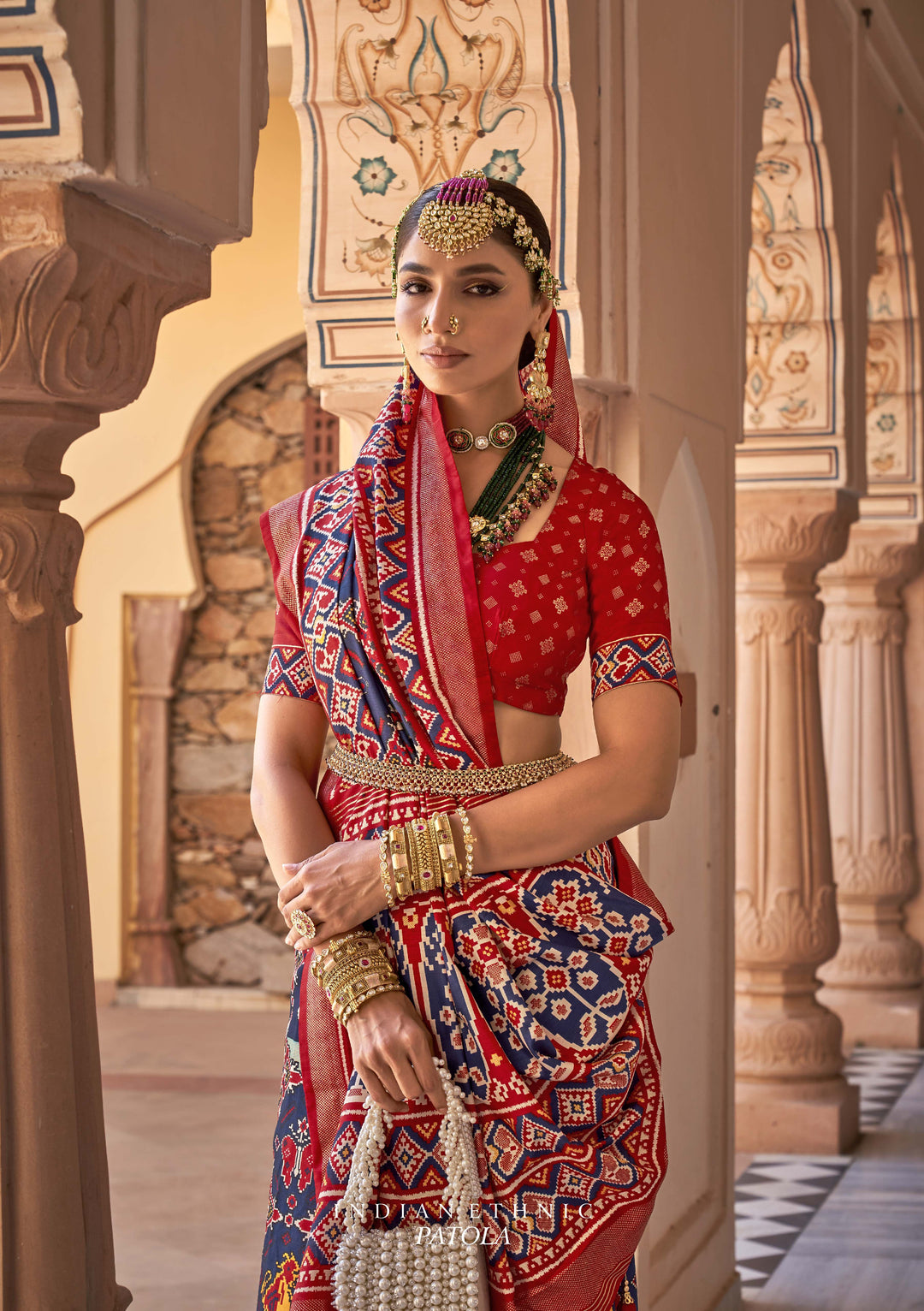 Red & Navy Patola Silk Saree with Geometric and Floral Motifs, Paired with Blouse